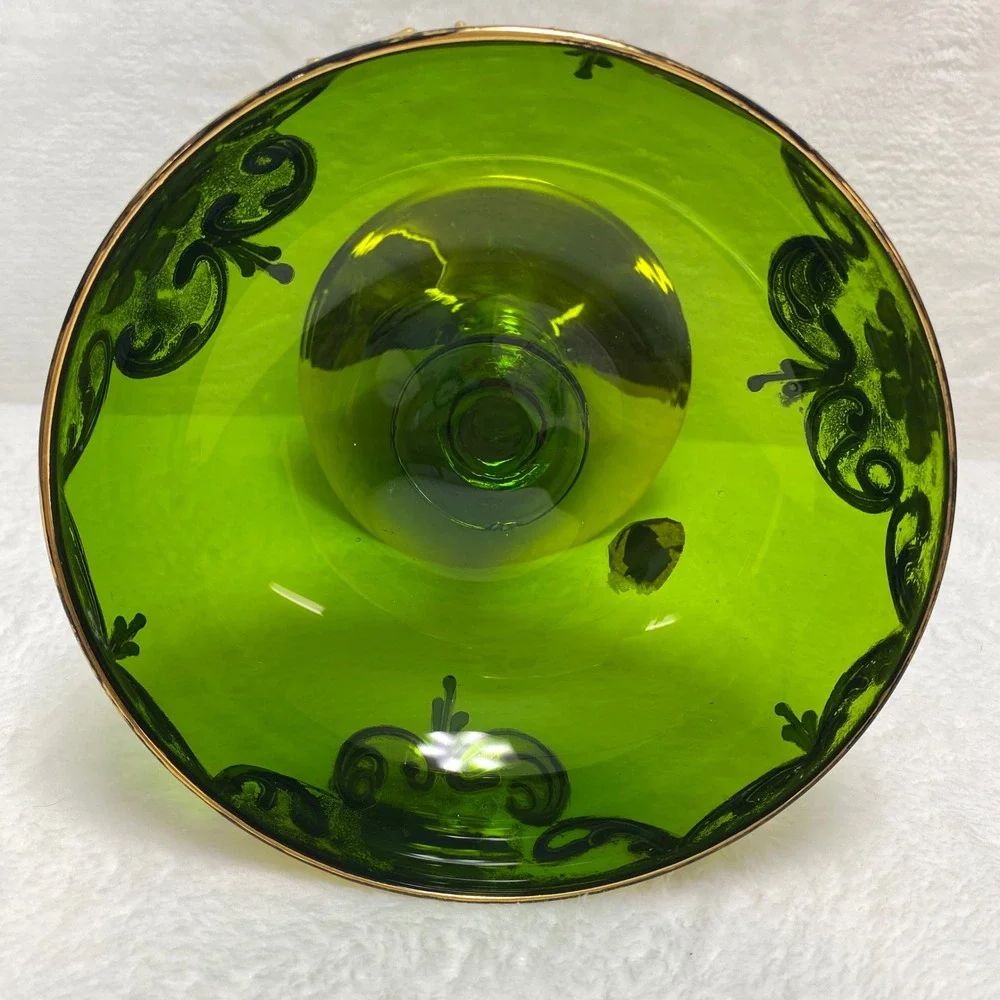 VTG Green Glass Pedestal Compote Bowl Goblet Candy Dish‎ Bowl Gold Leaf Italy
